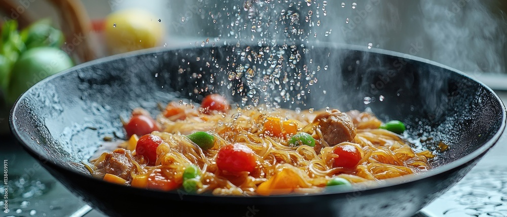 Steaming hot noodles with vegetables and meat in a wok. (2) Steaming hot noodles with vegetables and meat in a wok. (2)