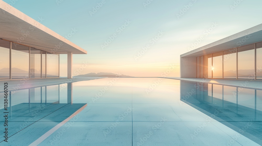 Obraz premium Modern architecture, infinity pool reflecting sunset.
