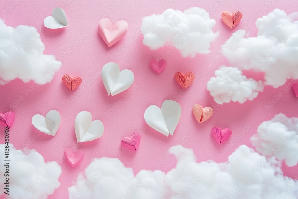 A bright pink background with colorful paper hearts and fluffy clouds A bright pink background with colorful paper hearts and fluffy clouds