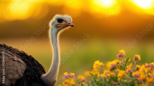 An ostrich standing gracefully in a sunlit field surrounded by vibrant wildflowers, with a glowing sunset creating a warm and serene atmosphere photo