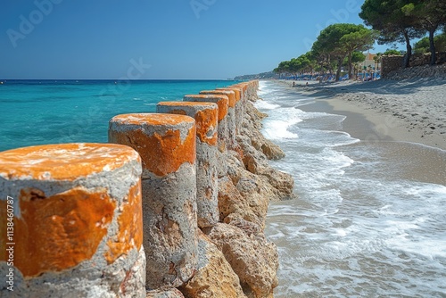 A worn stone wall runs parallel to the sandy beach, with the vast ocean stretching out beyond photo