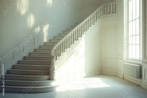 A staircase leading to the second floor of a house, suitable for use in real estate or home decor projects photo