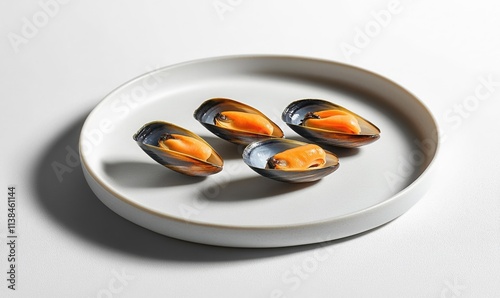 Four mussels with orange filling are arranged on a sleek, oval white plate, highlighted by soft sunlight and shadow. photo