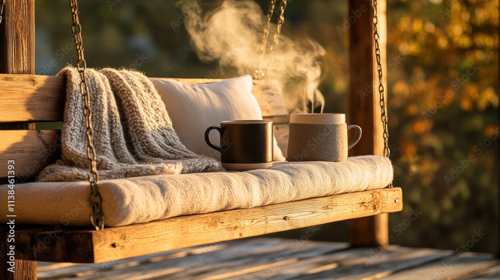 Cozy Wooden Swing Bench with Cushions and Blanket on a Rustic Porch Cozy Wooden Swing Bench with Cushions and Blanket on a Rustic Porch