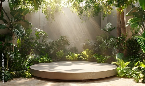 A contemporary 3D podium positioned in a tropical oasis photo