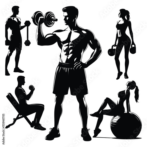 Silhouettes of Athletic Men, Power Athletic, Strong Man, Barbell, Bodybuilding, Gym, Sportsman, Vector