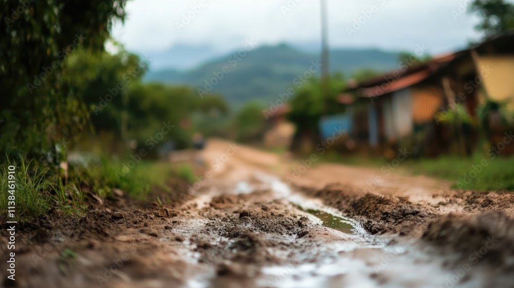 Obraz premium Rural village dirt road with muddy puddles and blurred background after rainfall showcasing vibrant nature and serene landscape.