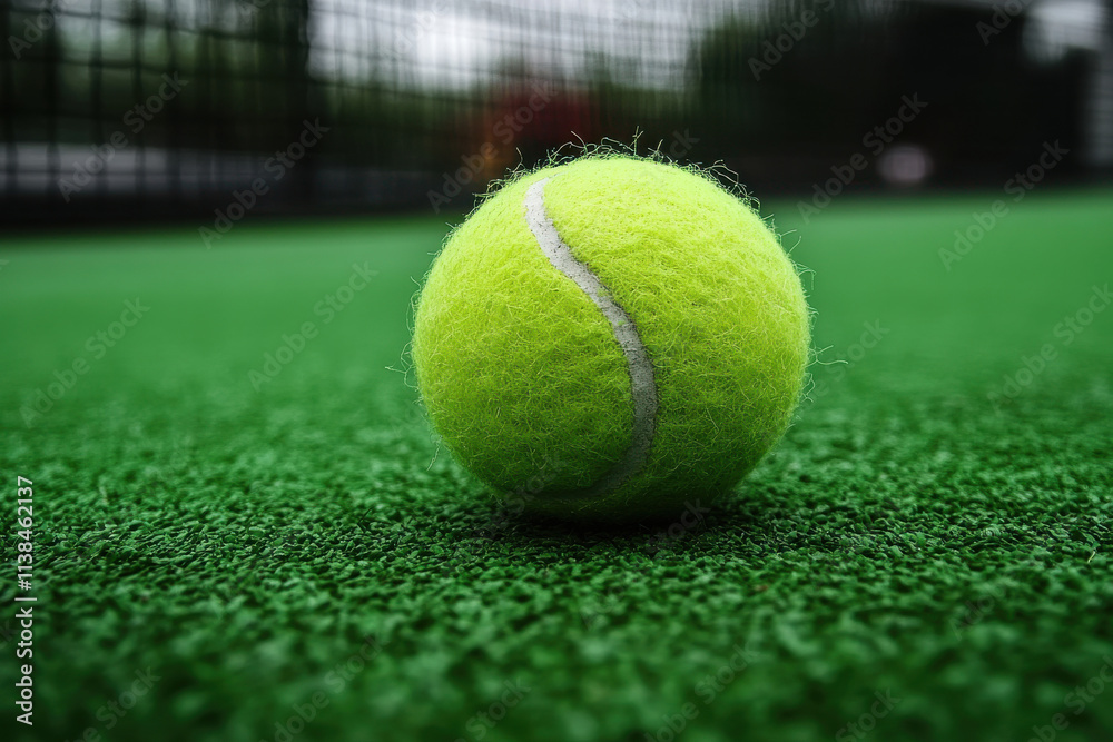 Yellow tennis ball on court. Closeup view of tennis ball on blurred background. Generated AI Yellow tennis ball on court. Closeup view of tennis ball on blurred background. Generated AI
