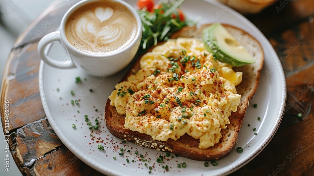 Scrambled eggs on toast with avocado, latte, and salad. Scrambled eggs on toast with avocado, latte, and salad.