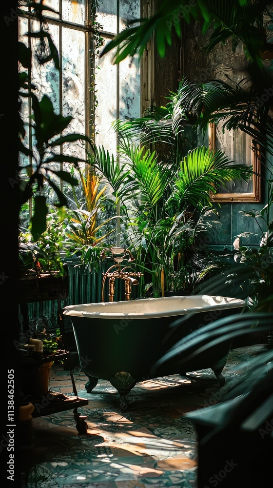Fototapeta premium Luxurious Vintage Bathroom Surrounded by Lush Tropical Plants and Natural Light Creating a Serene and Inviting Atmosphere for Relaxation and Tranquility