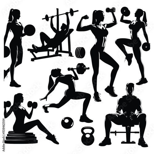 Silhouettes of Athletic Men, Power Athletic, Strong Man, Barbell, Bodybuilding, Gym, Sportsman, Vector