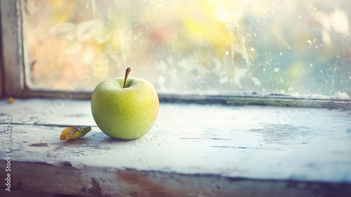 Fresh ripe green apple on a weathered windowsill with a blurred background creating a serene and soft textured wallpaper effect. photo