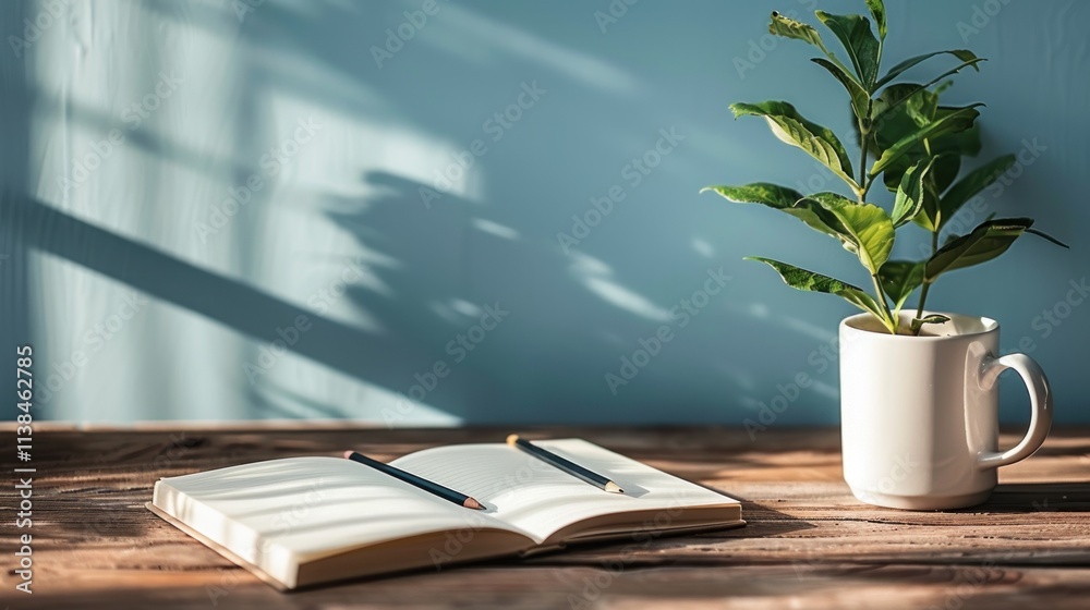 Open notebook, pencils, plant in mug on wooden desk. Open notebook, pencils, plant in mug on wooden desk.