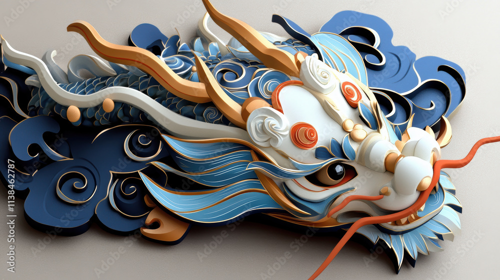 Obraz premium ceremonial dragon mask adorned with intricate details, vibrant colors, and swirling patterns, showcasing traditional craftsmanship and cultural artistry