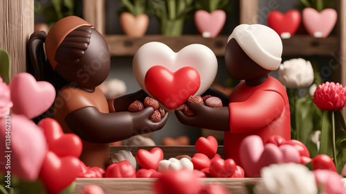 Valentine lovers holding heart-shaped chocolates in a flower shop, vivid details, 3D illustration 