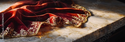 A plush embroidered velvet scarf laid over a marble countertop with soft lighting