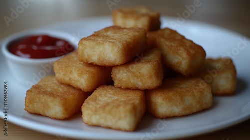 Golden-brown fried potato cubes with ketchup.