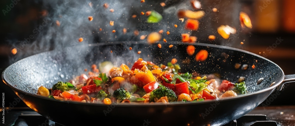 Wok of steaming stir-fried vegetables and meat. Wok of steaming stir-fried vegetables and meat.