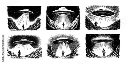 Alien saucer engraving stealing man. Ray projector back view human walking character explore mountains landscape ufo, extraterrestrial life greeting hand drawn black monochrome isolated vectors