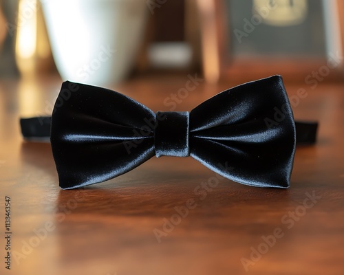 Black velvet bow tie laid flat on a wooden desk with soft lighting from the side
