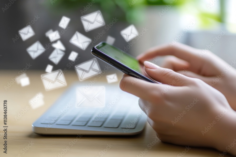 A person sitting in front of a keyboard, looking at their phone A person sitting in front of a keyboard, looking at their phone