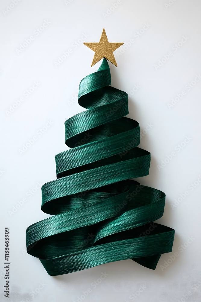Christmas tree made of a single dark, green strip with a golden star on top, on a white background. Minimalistic, Christmas, New Year's Eve concept.