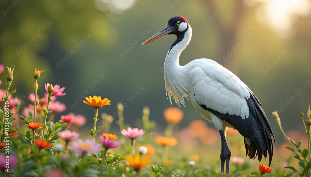 Fototapeta premium Beautiful crane standing among colorful flowers in a garden at sunset