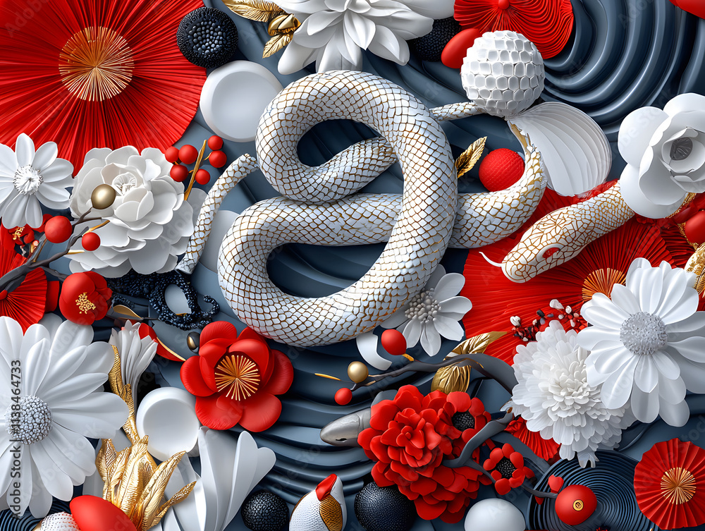 Naklejka premium Serpent among floral arrangements artistic display abstract art colorful environment close-up view nature's beauty