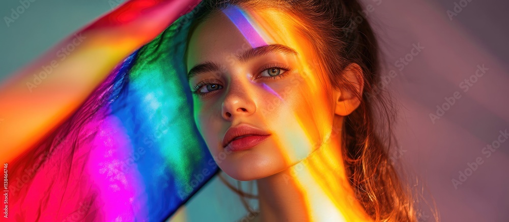 Fototapeta premium Young woman with rainbow reflection on her face holding a flag vibrant colors and light creating a striking and artistic portrait