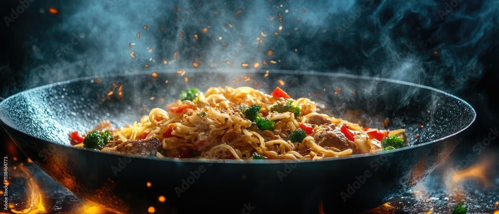 Steaming wok with noodles, vegetables, and meat. Steaming wok with noodles, vegetables, and meat.