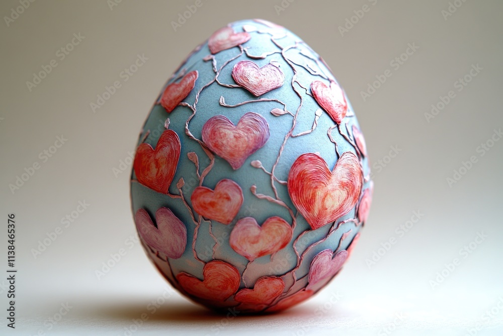 A decorative egg with hearts painted on it, placed on a table A decorative egg with hearts painted on it, placed on a table