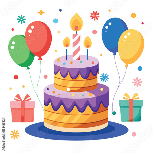 Colorful Birthday Cake With Presents and Balloons