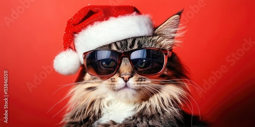 A domestic cat wearing sunglasses and a festive Santa hat, perfect for holiday-themed photoshoots or social media posts