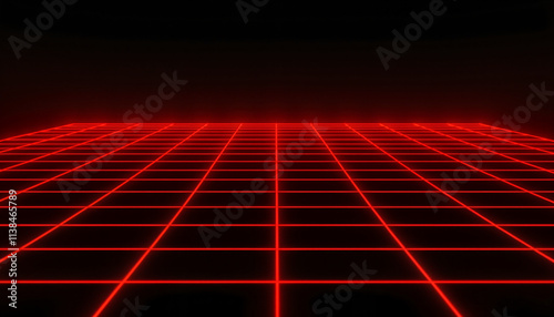 Futuristic red neon grid background with dark horizon