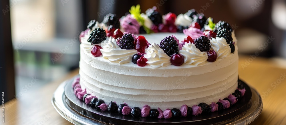 Black Currant Cream Cake Decorated with Berries and Whipped Cream on a Wooden Table Black Currant Cream Cake Decorated with Berries and Whipped Cream on a Wooden Table