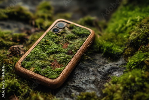 Smartphone recouvert de mousse avec coque en bois sur sol forestier humide photo