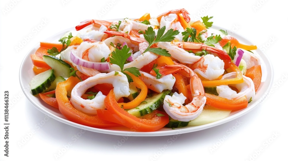 Fresh shrimp and colorful vegetables on a white plate