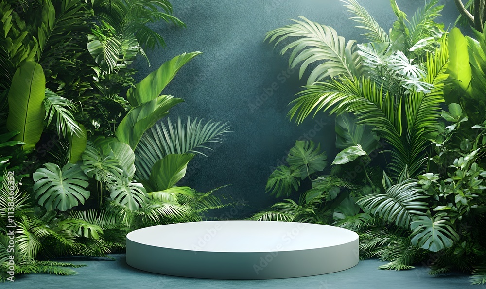 A minimalist 3D podium featured in a lush, tropical jungle A minimalist 3D podium featured in a lush, tropical jungle
