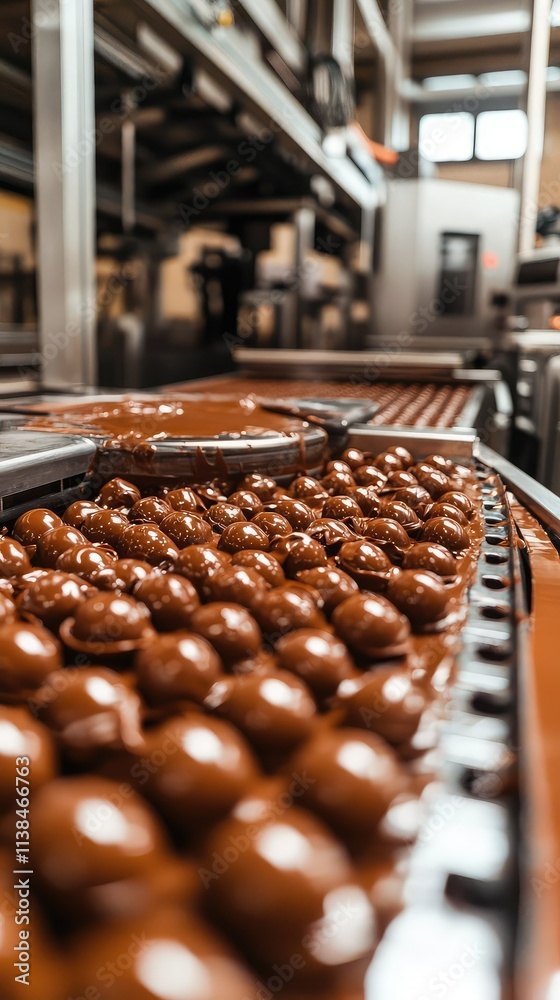 Smooth and Glossy Chocolate Confectionery on Production Line in Modern Factory, Showcasing the Process of Manufacturing Delicious Treats for Sweet Lovers Smooth and Glossy Chocolate Confectionery on Production Line in Modern Factory, Showcasing the Process of Manufacturing Delicious Treats for Sweet Lovers
