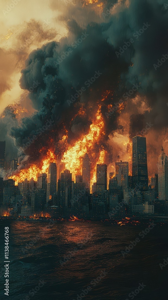 Obraz premium Dramatic Scene of Urban Destruction with Flames and Smoke Engulfing Skyscrapers in a Fiery Apocalypse Overlooking a Dark Water Body at Dusk
