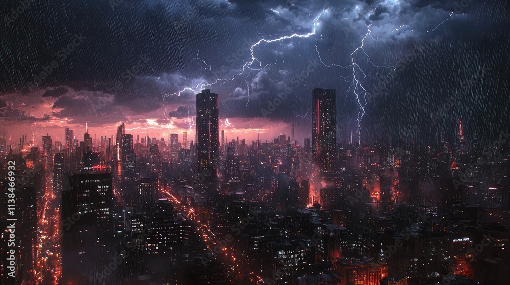 Obraz premium Dramatic Thunderstorm Over a Cityscape with Stormy Clouds, Lightning Strikes, and Rainfall Creating an Intense Urban Atmosphere at Night