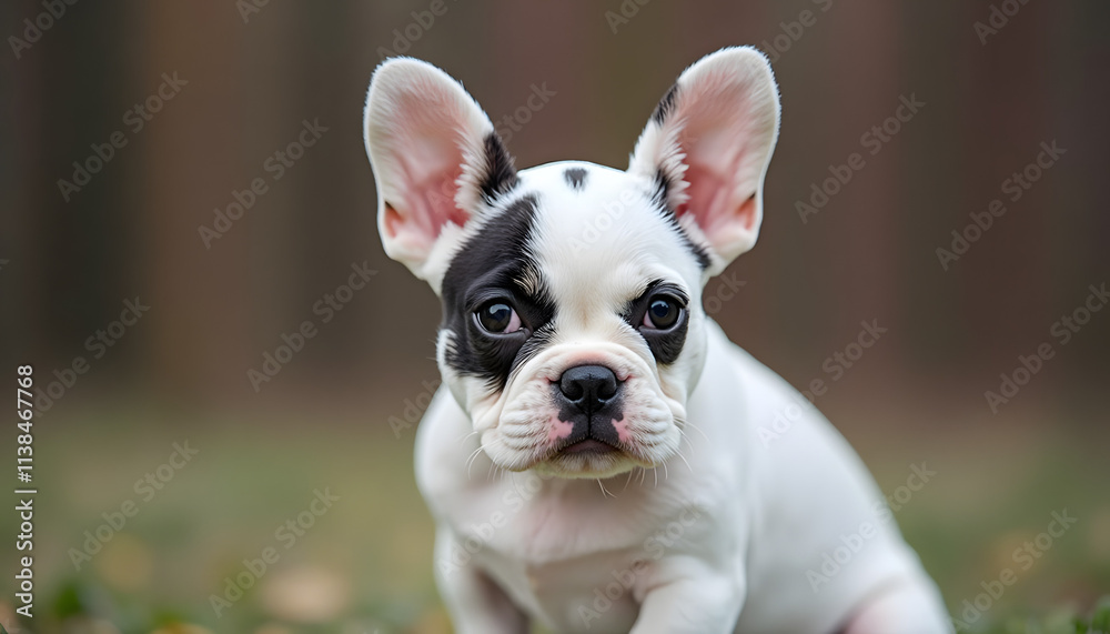 Adorable French Bulldog puppy with big ears posing in a natural outdoor setting Adorable French Bulldog puppy with big ears posing in a natural outdoor setting