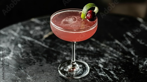 Refreshing Cocktail with Cherry and Lime Garnish Served in a Elegant Glass on a Dark Marble Tabletop, Perfect for Bars or Summer Gatherings