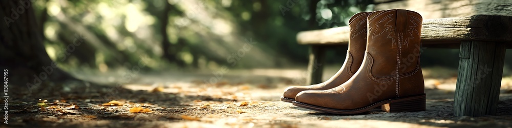 Handcrafted leather boots beside a rustic wooden bench sunlight filtering through trees Handcrafted leather boots beside a rustic wooden bench sunlight filtering through trees