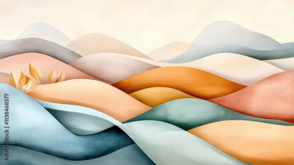 Soft abstract landscape with flowing curves in warm and cool tones blending harmoniously, evoking serene and peaceful atmosphere