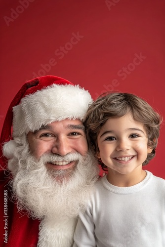 Cheerful xmas, gorgeous child boy! copy space. Isolated white child boy in festive knee on red background. Santa child christmas. Cute kid photo. Cute christmas portrait. Santa and kid desig. photo