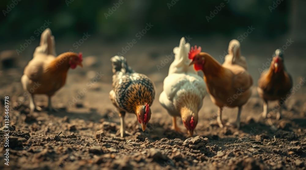 Fototapeta premium A group of colorful chickens energetically scratches the soft earth in search of food, showcasing their lively behavior in a tranquil outdoor setting