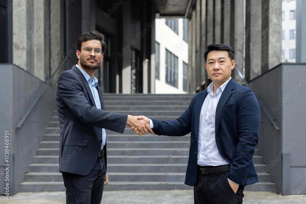 Two professionals engage in a business handshake outdoors, signifying agreement and collaboration. The image captures a moment of professional partnership in a contemporary setting Two professionals engage in a business handshake outdoors, signifying agreement and collaboration. The image captures a moment of professional partnership in a contemporary setting