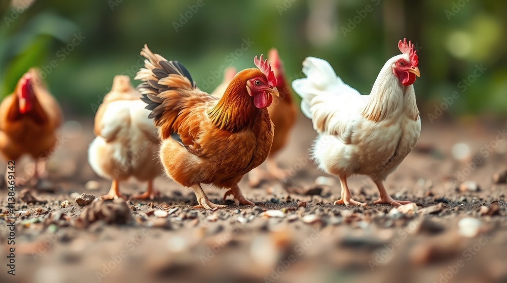 In a sunlit backyard, a group of chickens energetically scratches the dirt while searching for seeds and insects, embodying the joy of rural life In a sunlit backyard, a group of chickens energetically scratches the dirt while searching for seeds and insects, embodying the joy of rural life