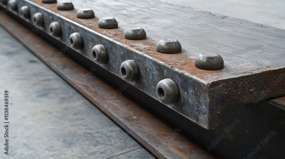 Close-Up View of Industrial Steel Beam with Welded Steel Caps and Rusty Surface in a Manufacturing Facility Environment Close-Up View of Industrial Steel Beam with Welded Steel Caps and Rusty Surface in a Manufacturing Facility Environment